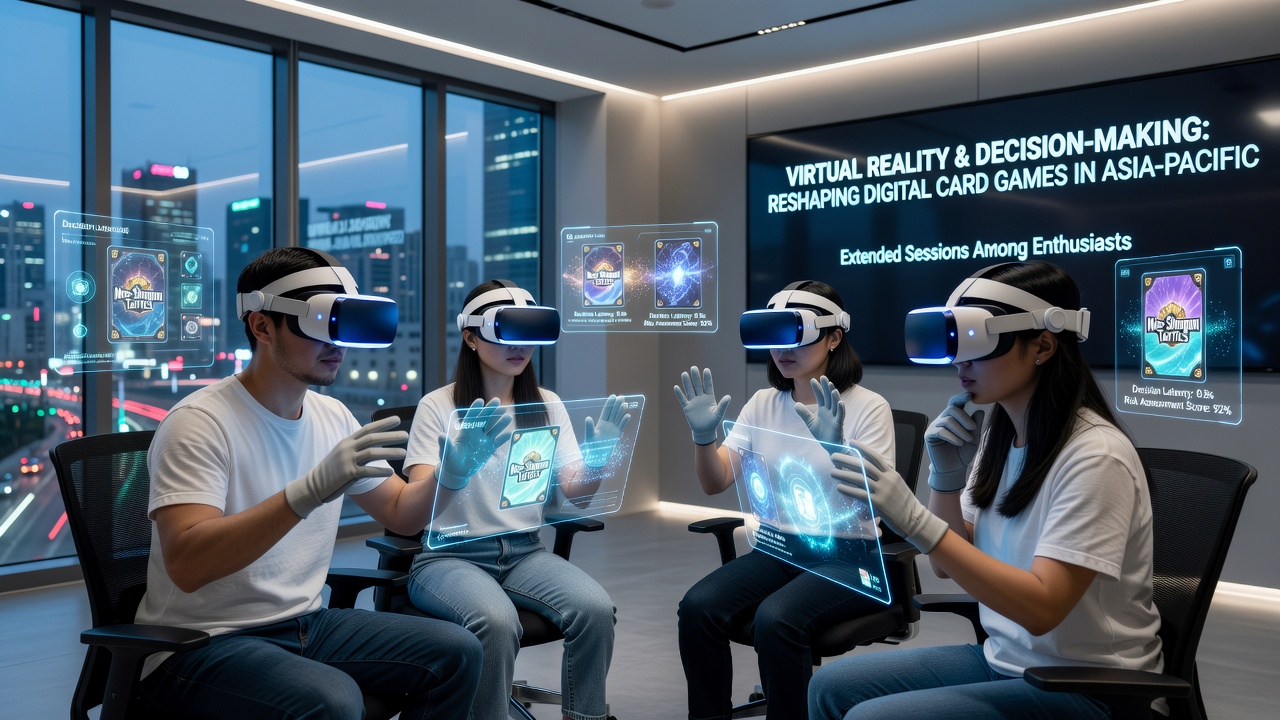 Dedicated enthusiasts engage in virtual reality digital card games within immersive Asia-Pacific themed environments
