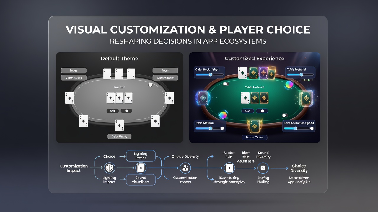 Digital table game interface showing customizable poker table with various card backs and lighting themes in a mobile app ecosystem