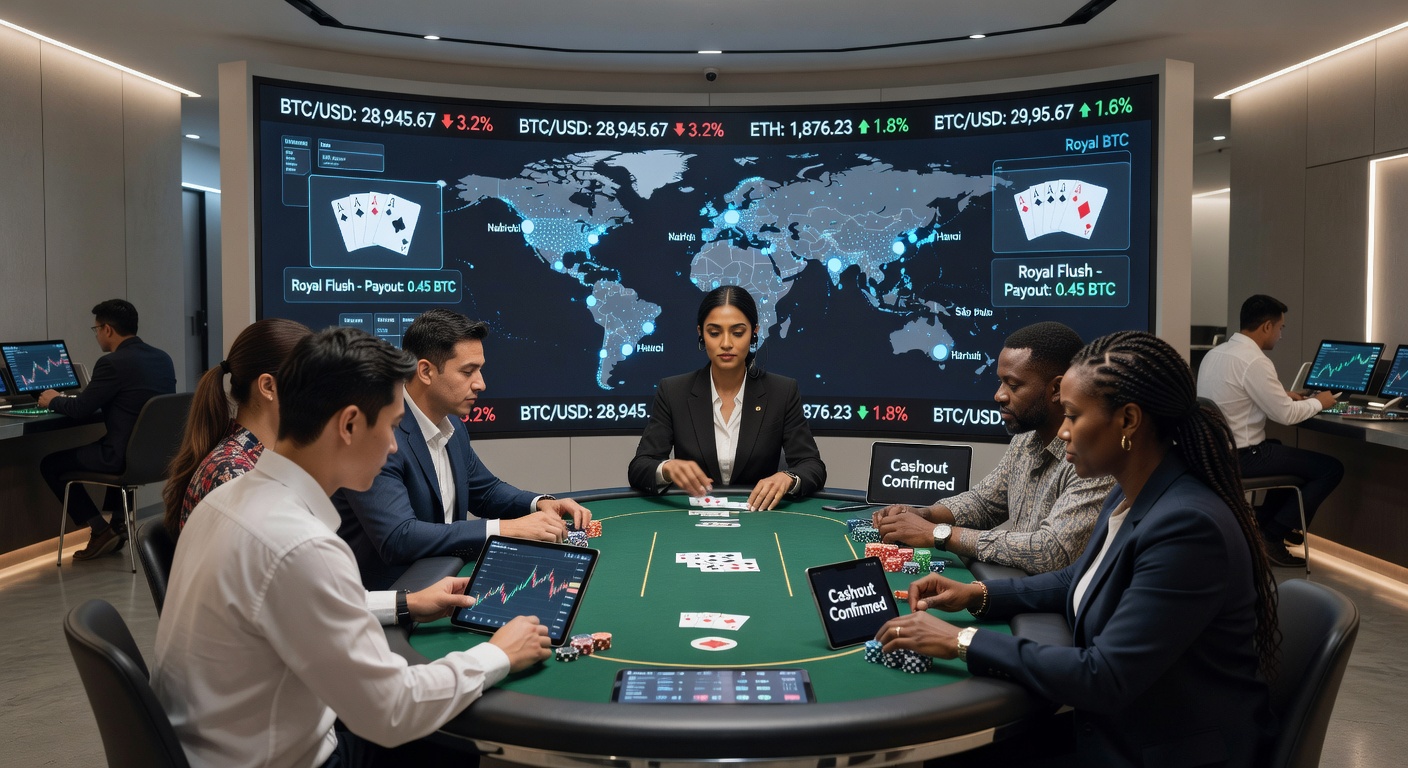 Live dealer poker setup with cryptocurrency transaction icons overlay in an emerging market context