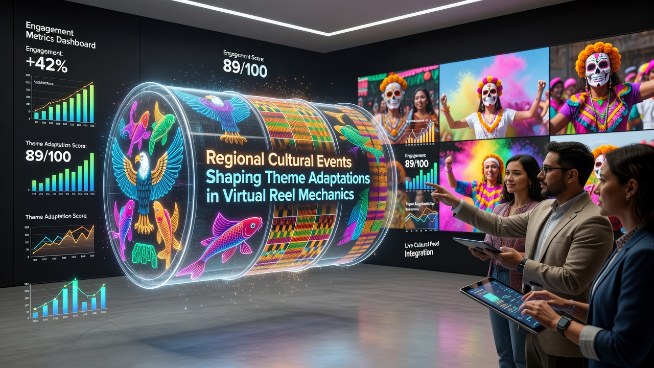 Virtual reel interfaces displaying cultural motifs from various global festivals with player engagement overlays