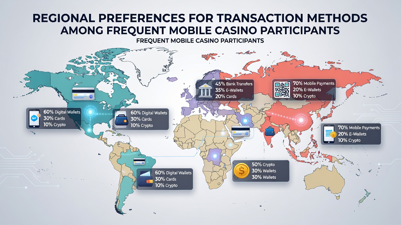 Infographic detailing transaction method adoption rates for mobile casino users in Asia and Europe