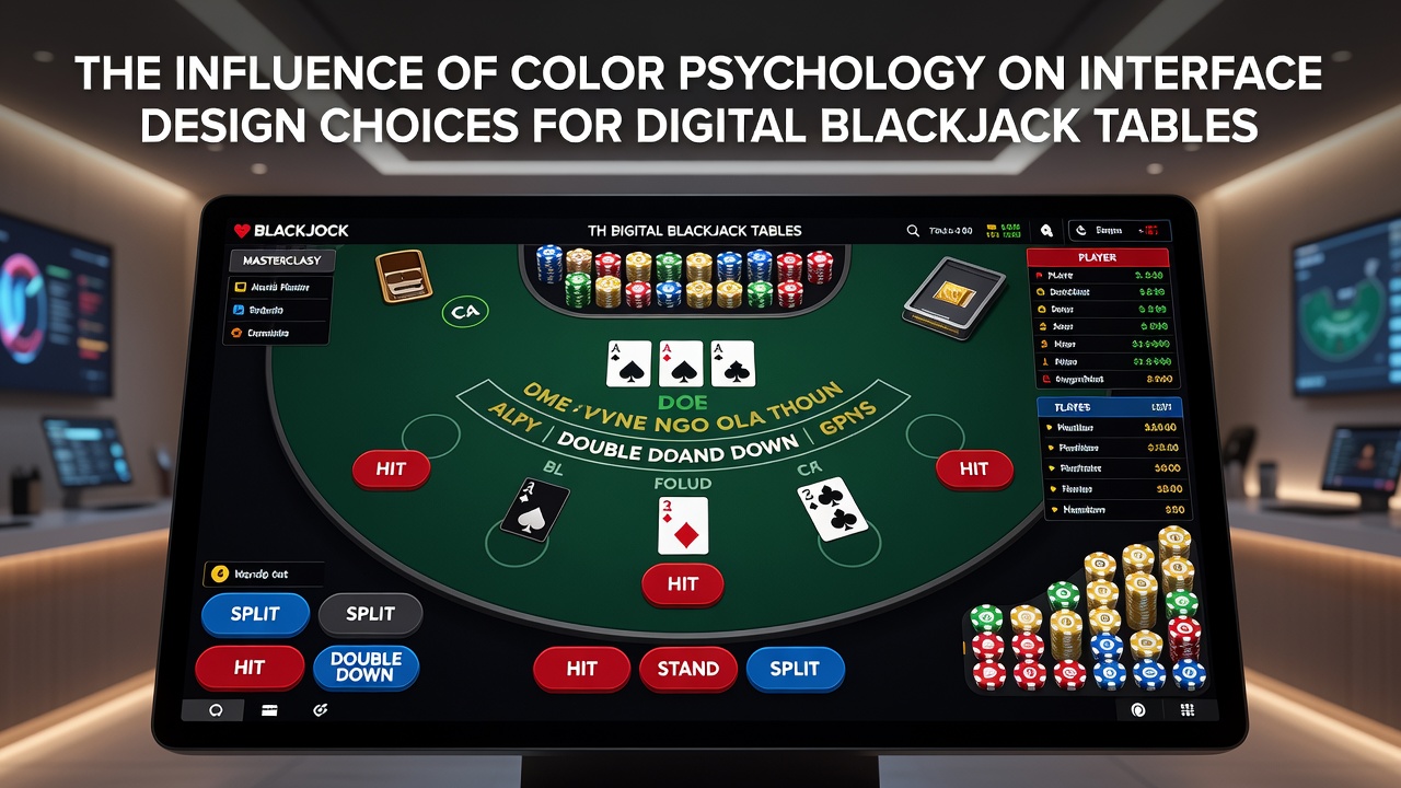 Digital blackjack table interface showcasing strategic color choices including deep greens and accent reds for player engagement