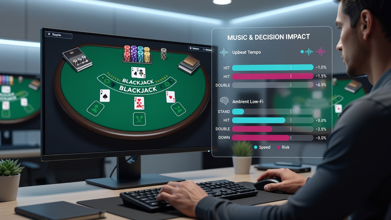 Close-up view of a digital blackjack table interface with audio control icons highlighted on the screen