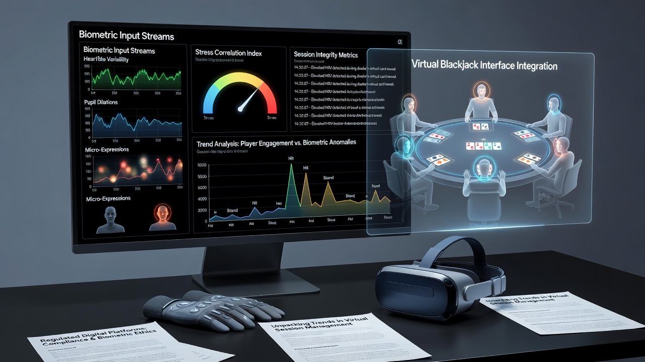 Biometric sensors monitoring player engagement during a virtual blackjack session on a regulated digital platform