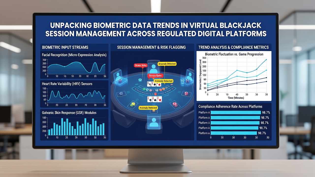Dashboard interface displaying real-time biometric analytics for virtual blackjack session oversight on a regulated platform