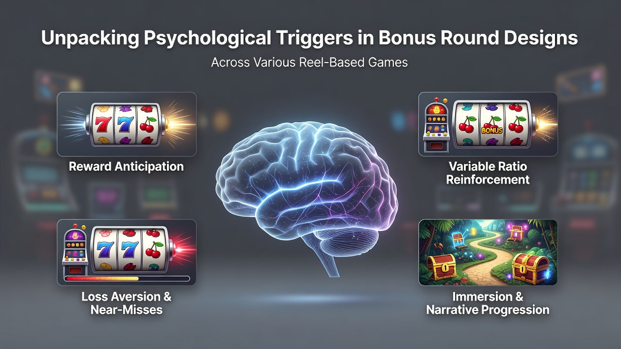 Close-up of psychological trigger elements including multiplier counters and selection grids in reel bonus features